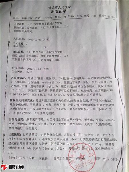 清远市人民医院出院记录