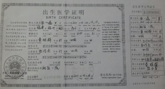 磊磊的出生证明
