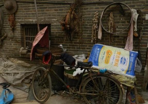 停靠在院子里的老旧自行车是父母外出的交通工具