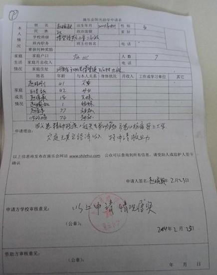 赵婉颖的阳光助学申请表