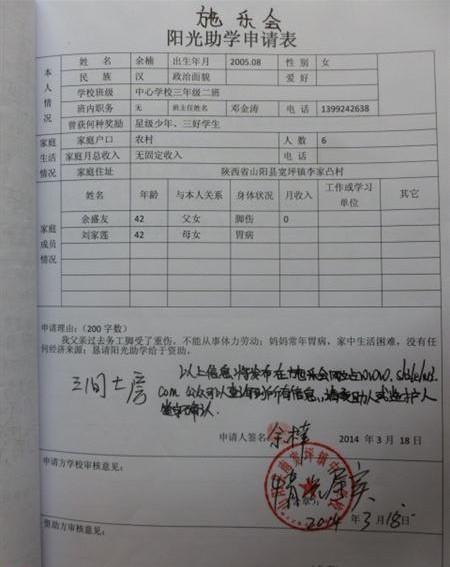 阳光助学表,由于之前打印的格式缺陷,将有些内容手工添加上去,这样能省去一些费用补贴其它经费开支,希望广大爱心网友能理解并支持。