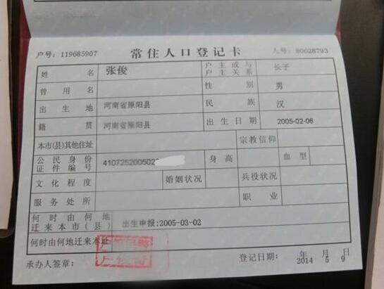 张俊的户口本页