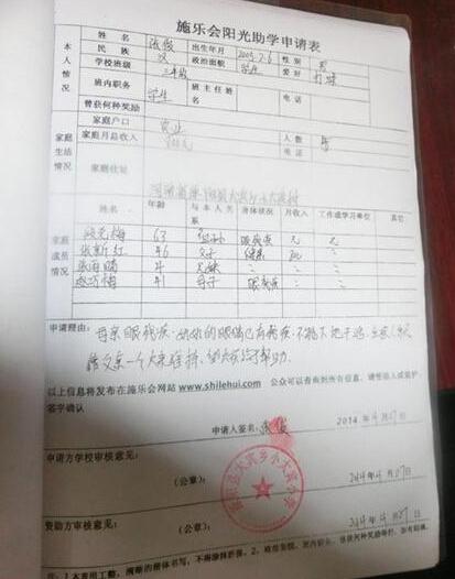 张俊的阳光助学申请表