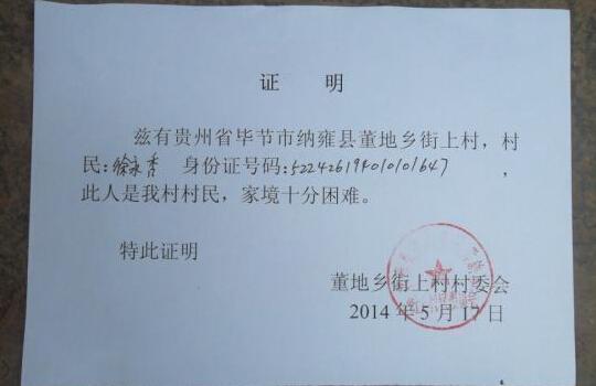 当地政府开具的贫困证明