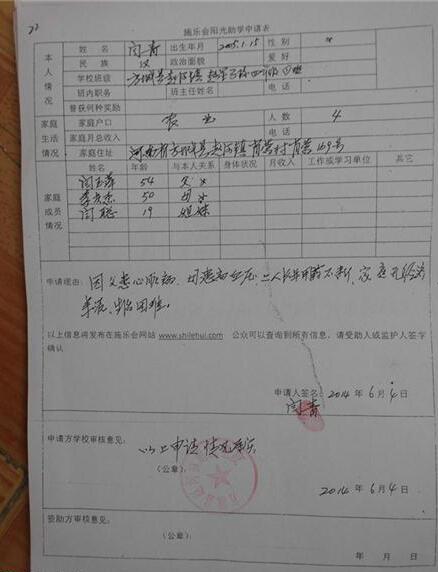 闫青的阳光助学申请表