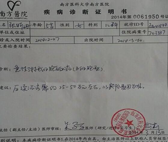 张昕冉的病情诊断书