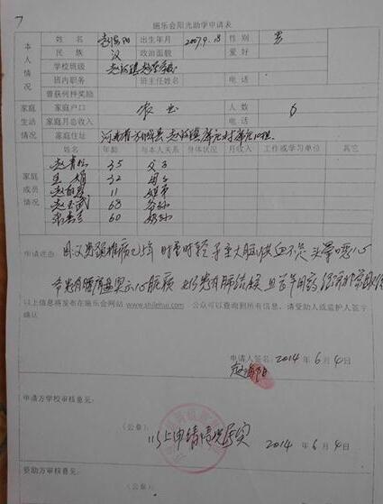 赵海阳的阳光助学申请表,希望爱心人士能帮帮他