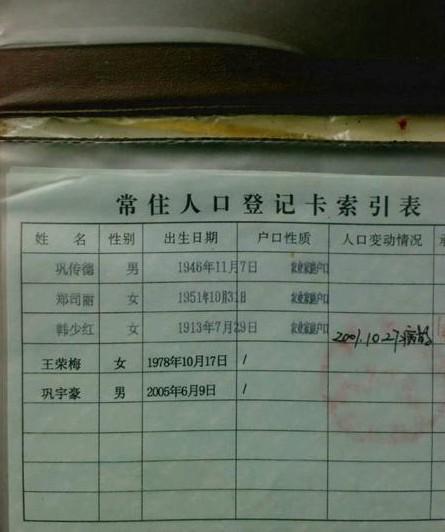 常驻人口登记卡