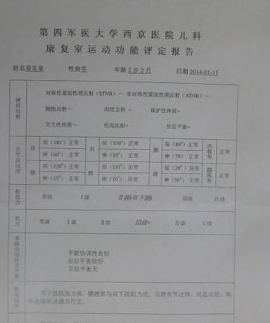 受助人梁家豪的康复评定报告。