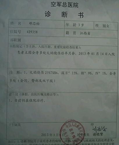 北京空军总医院烧伤科开具的烧伤诊断证明