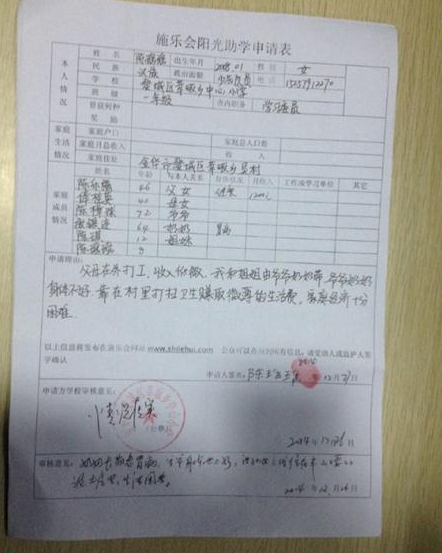 陈瑶瑶的助学申请书。