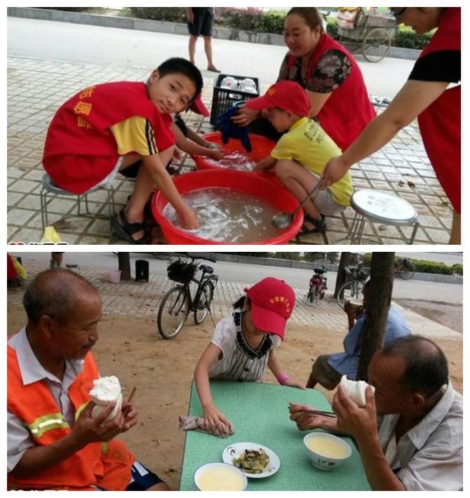 孩子们放暑假了,都积极的参与到免费爱心粥中来