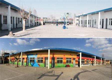 看看扶行小学变身前后的校园墙面,项目方案:于2015年暑期,完成浙江平湖育新小学(生源全部为外来务工人员子女)的校园墙面美化工作。 a) 2015年7月20日前,完成设计方案 b) 2015年7月31日前,完成志愿者招募 c) 2015年8月10日前,完成志愿者培训及物资采购 d) 2015年8月25日前,完成校园墙面美化